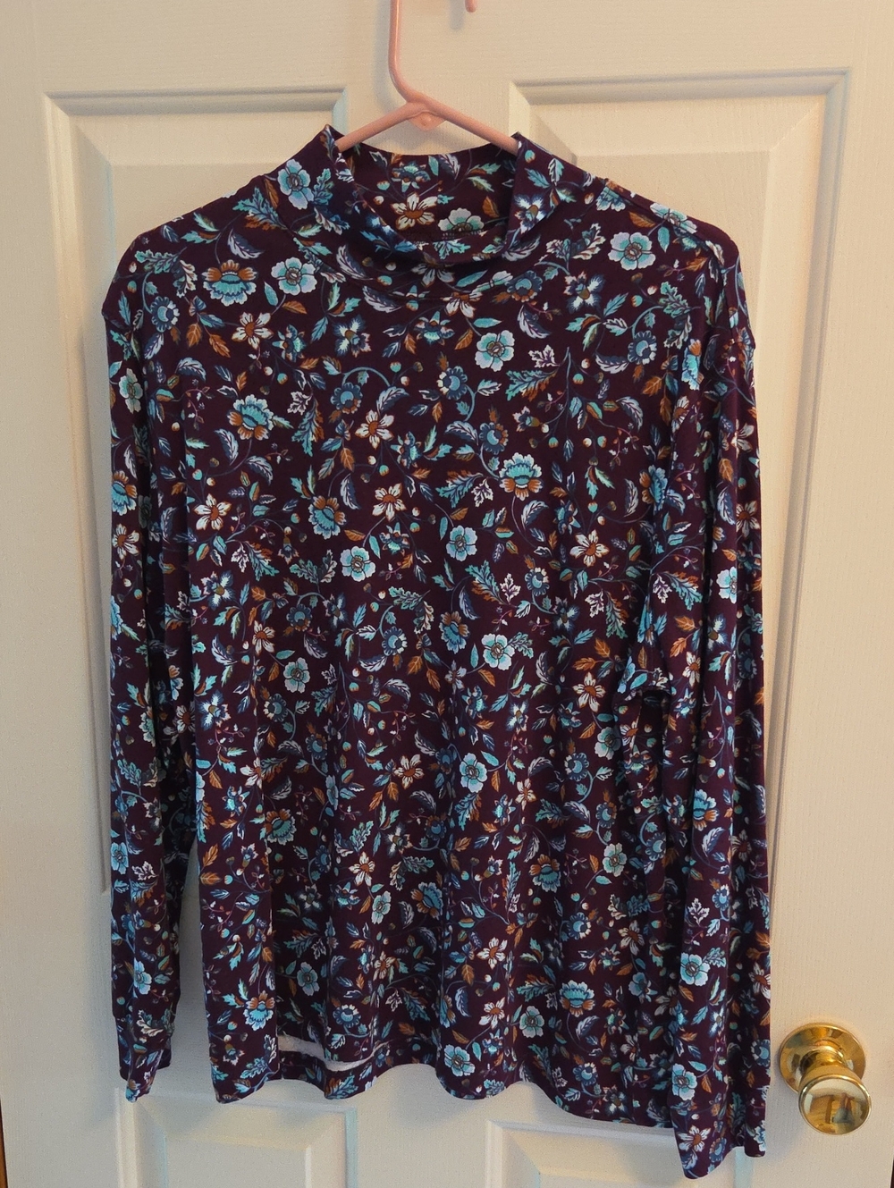 Lands' End Women's Floral Mock Neck Long Sleeve Top - Purple W/ Blue Flowers PXL